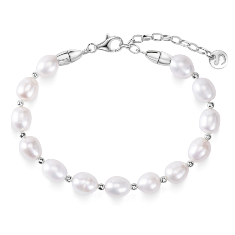 Браслет з намистин перлів з круглими срібними вставками на застібці